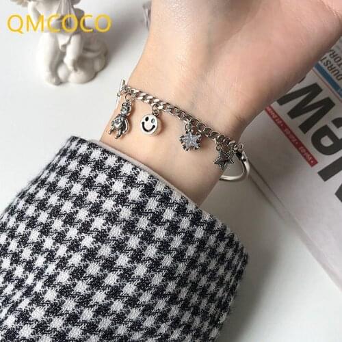 QMCOCO 925 Silver Trendy Punk Bracelets For Women Girl Vintage Simple Smiley Face Star-Shape Pendant Party Jewelry Gifts