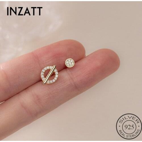 INZATT Real 925 Sterling Silver Zircon Round Asymmetry Stud Earrings For Fashion Women Party Cute Fine Jewelry Accessories Gift