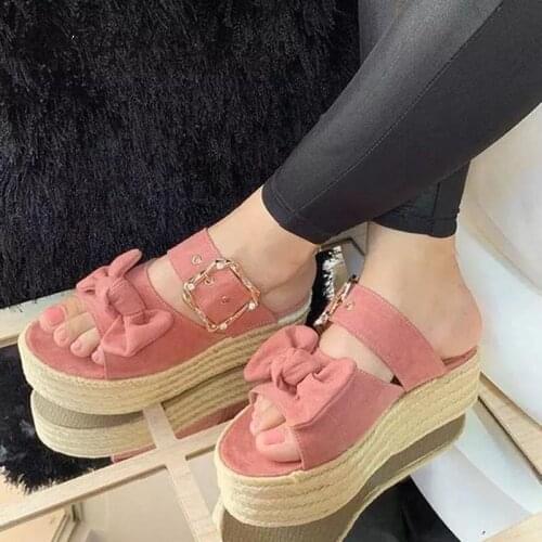 Platform Slippers Women Slides Summer Bow Summer Sandals Slipper Indoor Outdoor Linen Flip-flops Beach Female Wedge Shoes