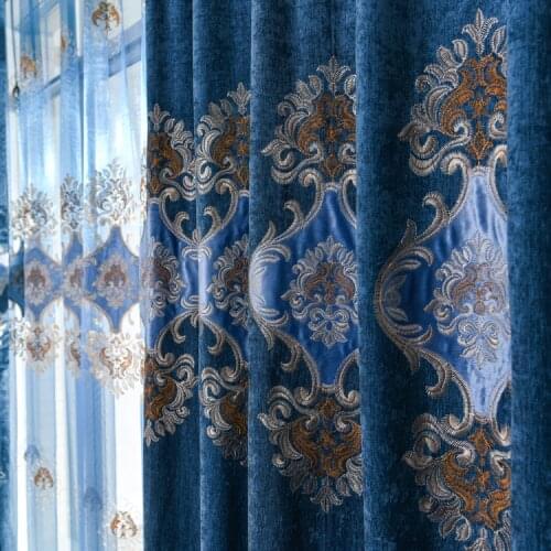Blue Chenille Embroidery Veil Curtains for Living Dining Room Bedroom European Window Screen Finished Product Customization