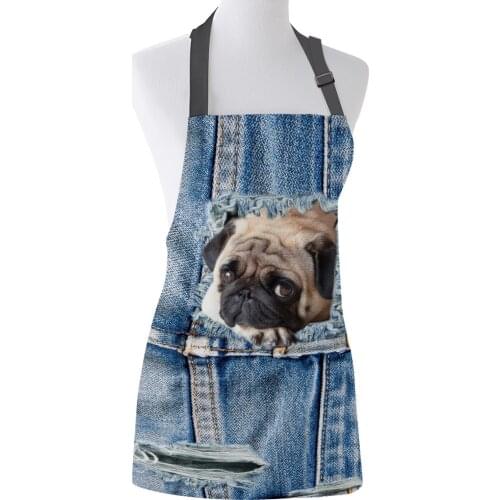 Funny Apron Cowboy Hole Pug Dog Kitchen Aprons for Women Man Kids Home Cooking Baking Waist Bib Home Use