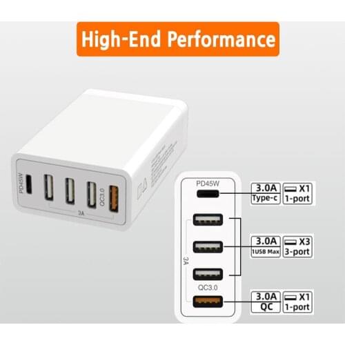 45W multi usb charger station TYPE-C PD charger 18W QC3.0 Quick Charger USB A 5V2.4A desktop USB Wall Charger charging station