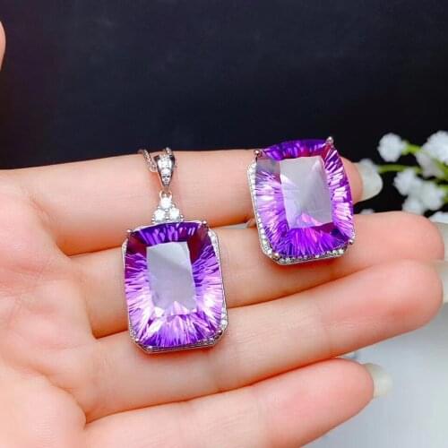 Wedding Best Gift Natural And Real Amethyst Set 925 sterling silver Fine jewelry 1pc Ring,1pc Pendant
