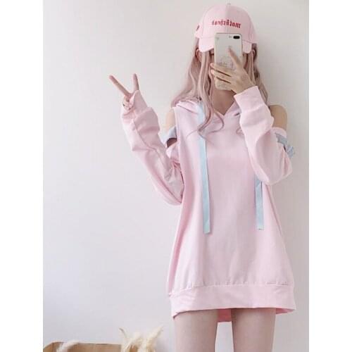 Japan Cosplay Kawaii Hoodies Harajuku Lolita Cute Off Shoulder Plaid Women Pink Sweatshirts Fashion Lace Up Sexy Girls Pullover