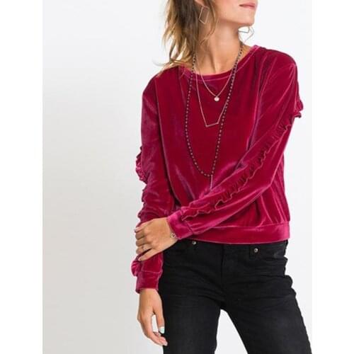 2021 Female Velvet Hoody Sweatshirt Spring Autumn Loose Elegant Long Ruffles Sleeve Pullovers O-neck Casual Tops Womans Clothes