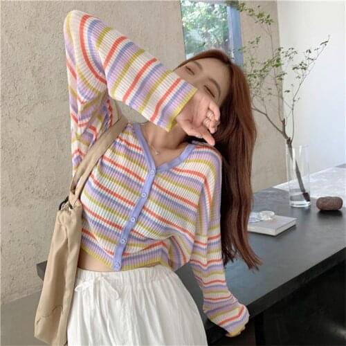 Loose Casual Rainbow Striped Lazy T-shirt Womens T-shirts Tops Japanese Kawaii Ulzzang Female Korean Harajuku Clothes For Women