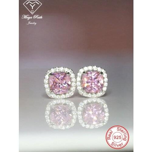 Simulated Pink Diamond Stud Earrings Real 925 Sterling Silver Party For Women Anniversary Bridal Gifts Imitation Gemstone Square