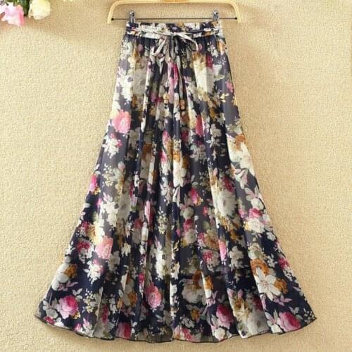 Women Skirts Summer Mesh Flower Print Elastic Waist Bohemian A-Line Sweet Chiffon Long Female Bottoms Ladies Casual Skirt