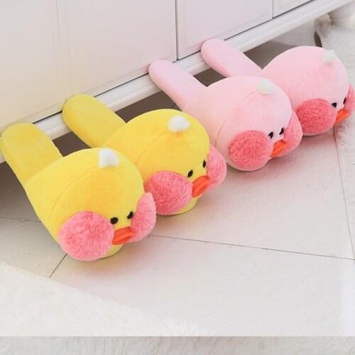 Winter Indoor Lalafanfan MIni Cafe Yellow Duck Plush Slippers Flat Furry Home Cartoon Plush Slippers Couple Animal Warm Shoes
