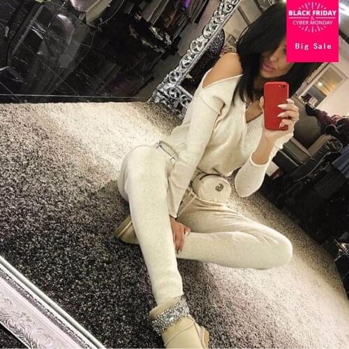 Winter Woolen Cashmere Knitted warm Suit V-neck Collar hollow cut Wool Sweater + Mink Cashmere Trousers Leisure Two-piece suits