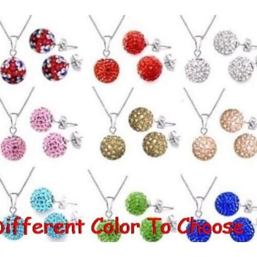 10 set/lot 10mm multicolor mixed white disco ball Crystal set silver plated drop studs earrings Necklace Chains x5362