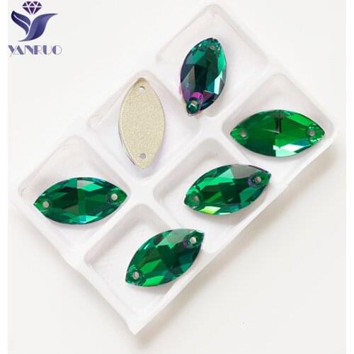 YANRUO 3223 All Sizes Emerald Flatback Strass Glass Stones Navette Crystal Sew On Rhinestone Applique For Garments