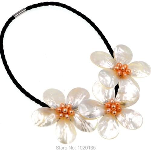 White shell drop flower and orange freshwater pearl necklace 80mm 18inch gift wholesale beads big flower FPPJ