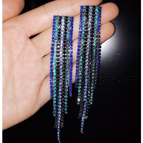 BLIJERY Royal Blue Rhinestone Crystal Tassel Long Earrings for Women Bride Hanging Drop Earrings Brincos Vintage Party Jewelry