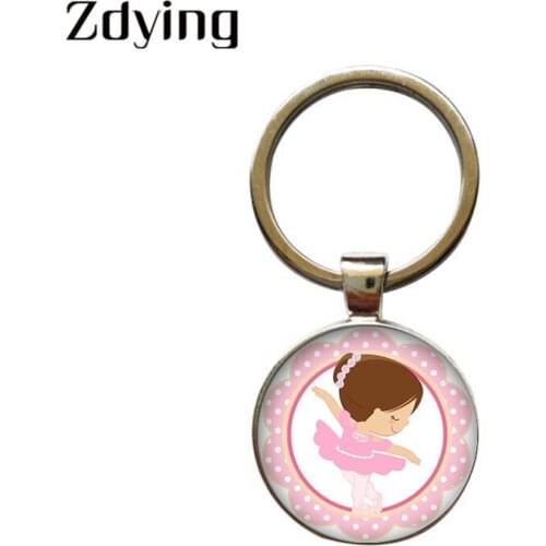 Zdying Cute Ballerina Little Girl Keychain Handmade Round Glass Ballet dancer Image Cabochon Keyrings Key Ring Pendant A036