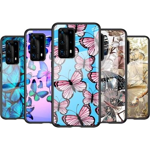 Tempered Glass Cover Pink Butterfly Fly For Huawei P40 P30 P20 P10 Pro Plus Lite 5G 2019 Shockproof Shell Phone Case