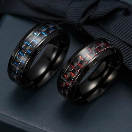 8mm Black Stainless Steel Ring Brushed Tungsten Ring Blue Carbon Fiber Ring Mens Engagement Jewelry Gift