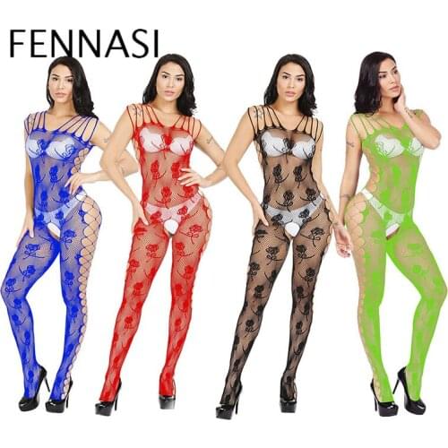 FENNASI Womens Candy-colored Fishnet Pantyhose Open Crotch Sexy Nylons Lady Mesh Tights Rose Pattern Colored Tights Erotic Lady