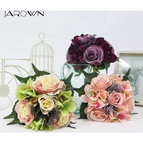 JAROWN Simulation Rose Hydrangea Bouquet Wedding Bride Holding flowers Artificial Silk Fake Bouquet Home Party Decoration Flores