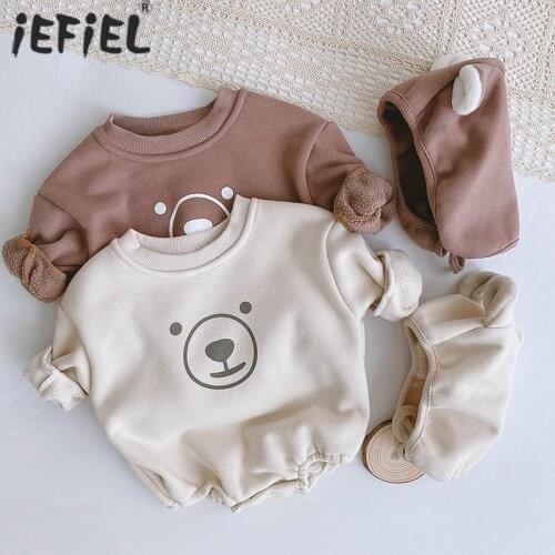 Baby Boys Girls Cartoon Bear Print Romper Long Sleeve Bodysuit With Hat Cotton Kids Infant Winter Plus Velvet Thicken Jumpsuits