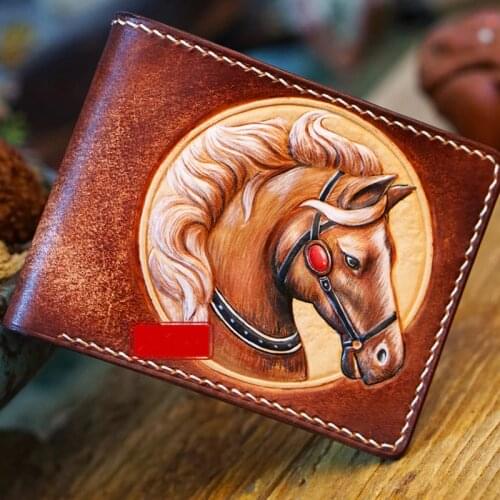 Hand-made Short Fine Horse Wallets Purses Men Clutch Vegetable Tanned Leather Thin Wallet Card Holder Gift