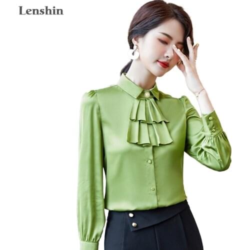 Lenshin fashion elegant Bow shirt women Turn-down Collar long sleeve blouse office ladies formal Loose plus size tops