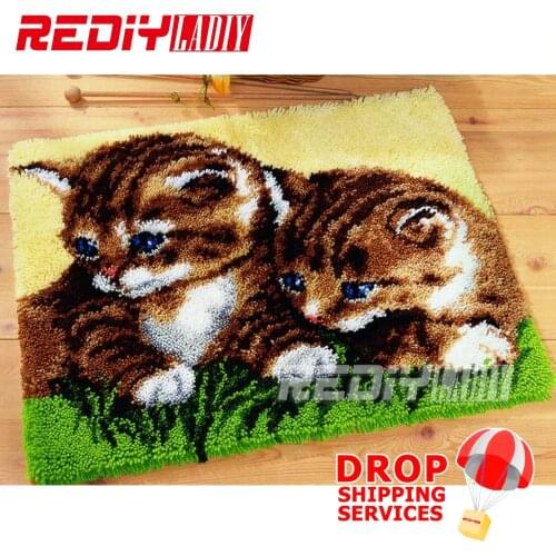 Hot Latch Hook Rug Kits DIY Needlework Unfinished Crocheting Rug Yarn Cushion Mat Double Cats 3D Embroidery Carpet Free Shipping