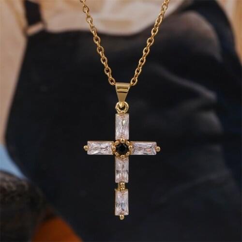 Fashion Transparent AAA Zircon CZ Copper Metal Cross Necklaces & Pendants For Women Gold Color Stainless Steel Chain Necklace