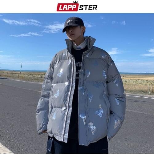 LAPPSTER Men Reflective Butterfly Harajuku Parkas 2021 Mens Japanese Streetwear Winter Puffer Jacket Man Oversized Bubble Jacket