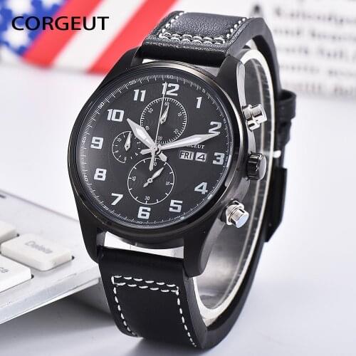 CORGEUT Top Luxury Brand Men Business Watches Dual Calendar Luminous Waterproof Quartz Wristwatch Male Clock Relogio Masculino