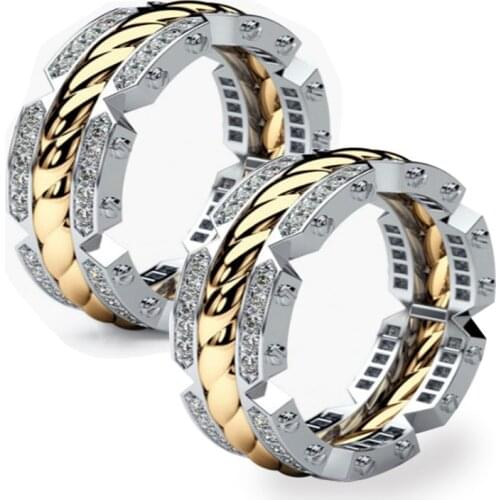 Trendy Two-tone Chain Wave Irregular Inlaid White Crystal Zircon Alloy Men Ring for Male Party Jewelry Accessories Size 6-13