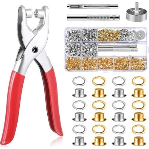 1/4 Inch Grommet Eyelet Plier Set, 400 Metal Eyelets, 3 Pcs Install Tool and 1 Mesh Clamp, Leather Strap with Mesh Kit