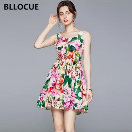BLLOCUE Runway Spaghetti Strap Dress Women Elegant Rose Floral Printed Beach Dress Female Vacation Mini Pleated Dresses