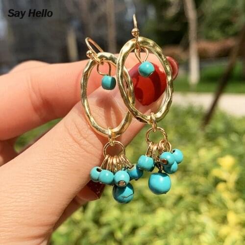 SAY HELLO Boho Green Small Turquoises Tassel Dangle Earrings for Women Girls Vintage Geomatric Drop Earrings Gifts Brinco B0115