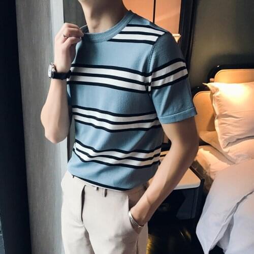 Knitted Stripe Short Sleeve T-Shirt 2020 Summer Tee Shirt Homme High Quality Slim Fit Round Collar Solid Bottom Men T Shirts