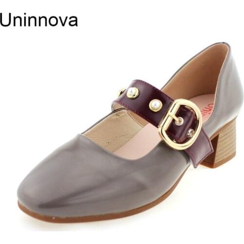Uninnova Womens Microfiber Leather Fashion Artifical Pearl Rivet Med Heels Pumps Black Green Gray Color Shoes Plus Size WP088