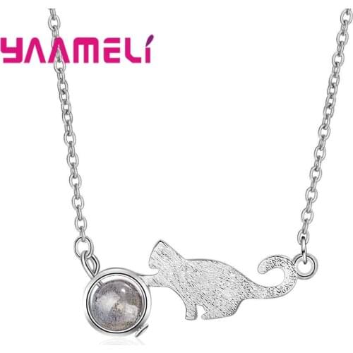 Vintage 925 Sterling Silver Pendant Necklaces for Women Cute Cat Play Ball Retro Natural CZ Stone Girl Neck Jewelry