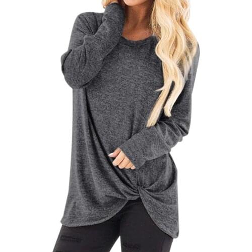 Women T-shirt Casual Solid Basis Top Autumn O-Neck Long Sleeve Twisted Hem Loose T-shirt Top Female Pullover Top Womens Clothes