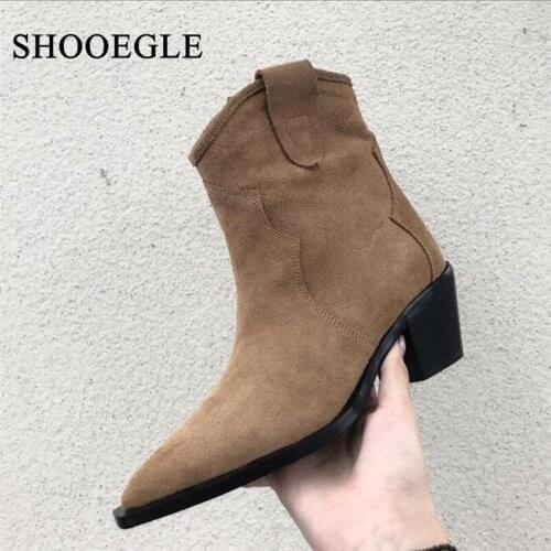 Runway Spring Autumn Shoes Woman Western Cowboy Boots Suede Leather Low Heel Ankle Boots Khaki Pointed Toe Med Heels Botas Mujer