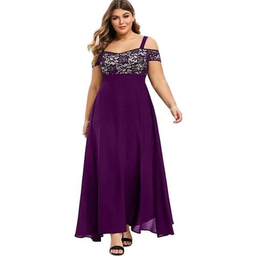 Women Plus Size Cold Shoulder Dresses Floral Lace Maxi Party Evening Camis Long Dress Ruffles Hem Dress Vestido Mujer #G3