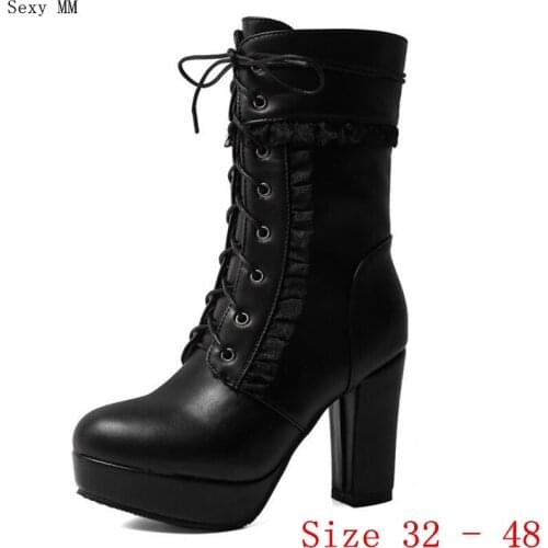 Spring Autumn Women Mid Calf Boots Platform Woman Short Boots High Heel Shoes Small Plus Size 32 33 - 40 41 42 43 44 45 46 47 48