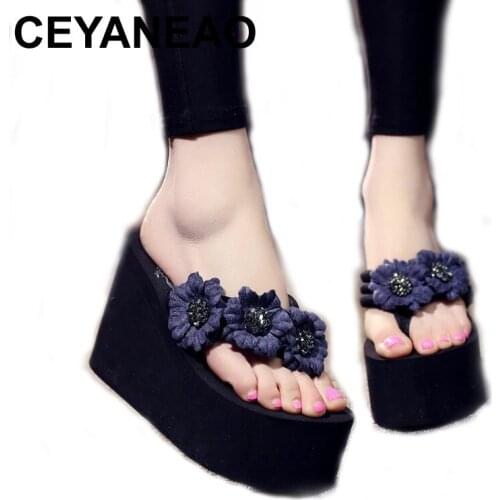 CEYANEAO Flower Summer Sandals Wedges Super high heel Women Flip Flops Beach Sandals Shoes Casual Female Ladies Shoes platform