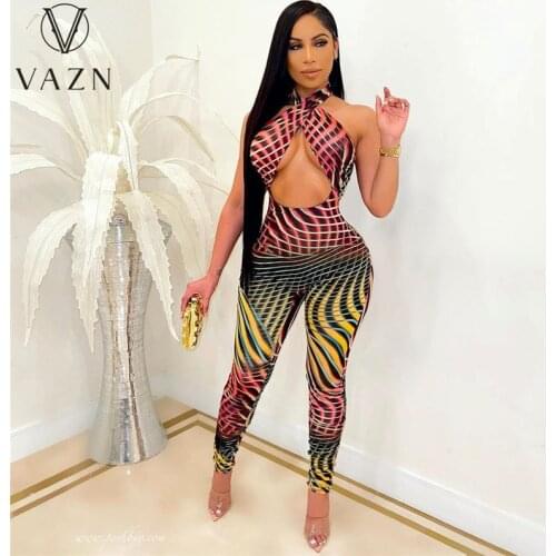 VAZN 2021 New Bandage Sexy Lady Women Halter Print Party Beach Jumpsuits Full Pant Bandage Rompers