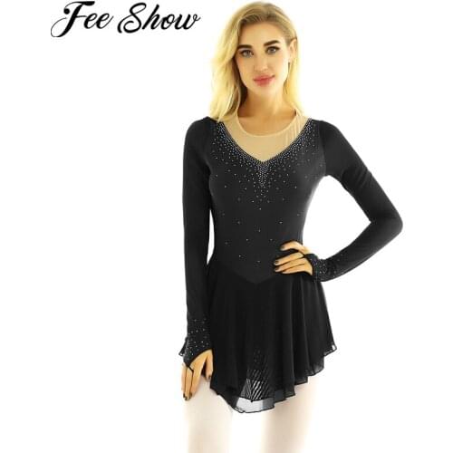 Women Round Neck Long Sleeve Ballet Dress Shiny Rhinestones Skating Roller Dance Dress Gymnastics Leotard Lyrical Dance Costumes