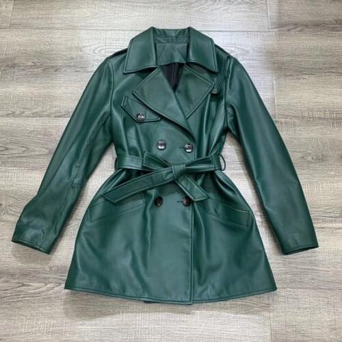 Solid Coat Color Spring Women Regular Length Genuine Leather Jacket With Belt Female Clothes Long Sleeve New Fashion