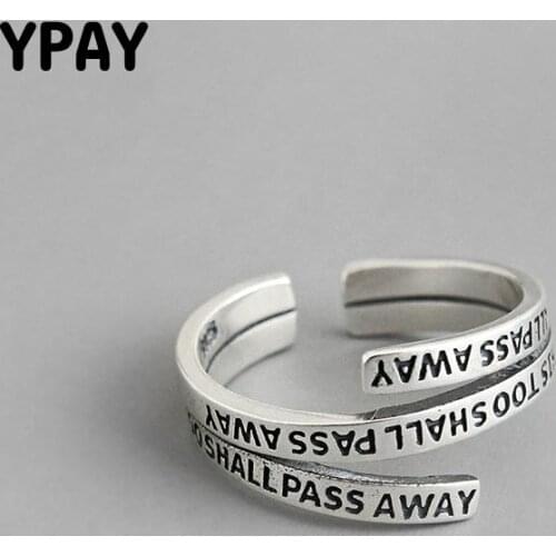 YPAY 100% Genuine 925 Sterling Silver Open Rings for Women Korea Vintage Multi-Layers English Letters Ring Cool Jewelry YMR952