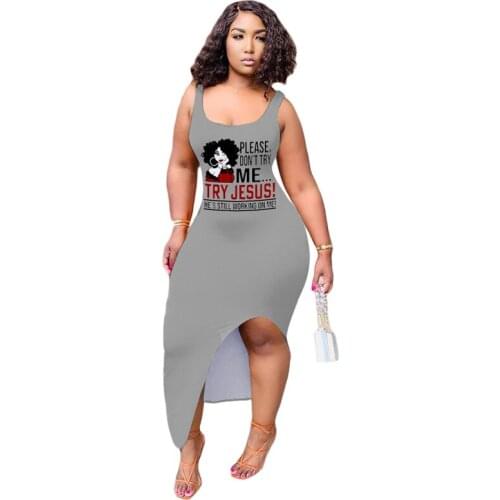 Women Plus Size Dress Sling Letter Cartoon Pattern Irregular Fashion Sexy Summer Clothes 2021 New