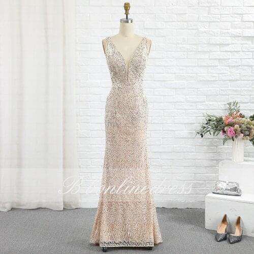 Elegant Champagne Mermaid Prom Dress Long Crew Neck Crystal Beaded Evening Dress Forma Gown Party Wear vestido de festa