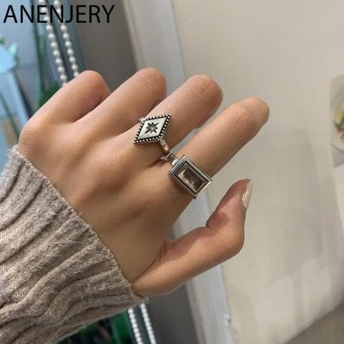 ANENJERY Vintage Geometric 925 Sterling Silver Rhombus Square Ring for Women Vintage Open Star Rings Adjustable S-R959