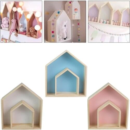 2 Pcs Lovely Wooden House-Shaped Storage Rack Kids Room Decoration Floating Wall Storage Shelf Display Hanging Shelving Au04 21
